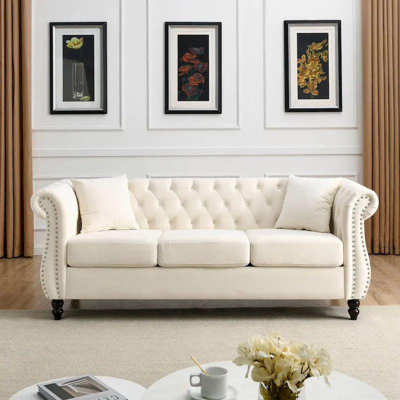Beige Velvet Chesterfield 3 Seater Sofa with Rolled Arms, Nailhead Trim, 2 Pillows