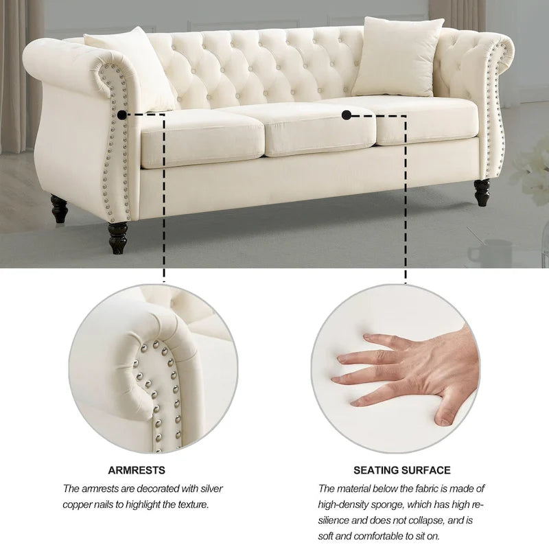 Beige Velvet Chesterfield 3 Seater Sofa with Rolled Arms, Nailhead Trim, 2 Pillows
