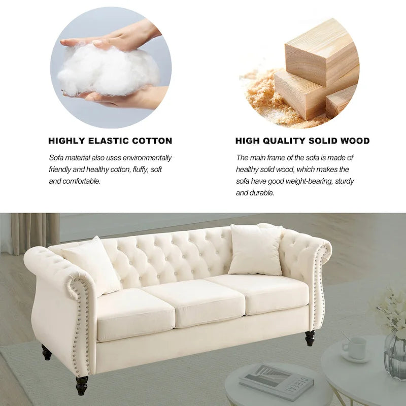 Beige Velvet Chesterfield 3 Seater Sofa with Rolled Arms, Nailhead Trim, 2 Pillows