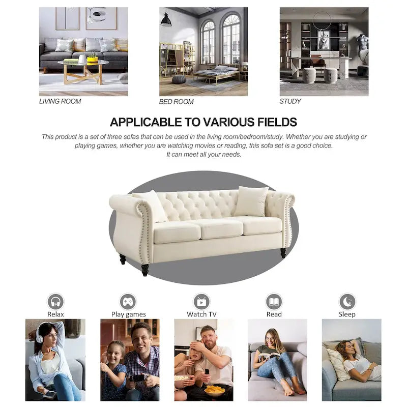 Beige Velvet Chesterfield 3 Seater Sofa with Rolled Arms, Nailhead Trim, 2 Pillows