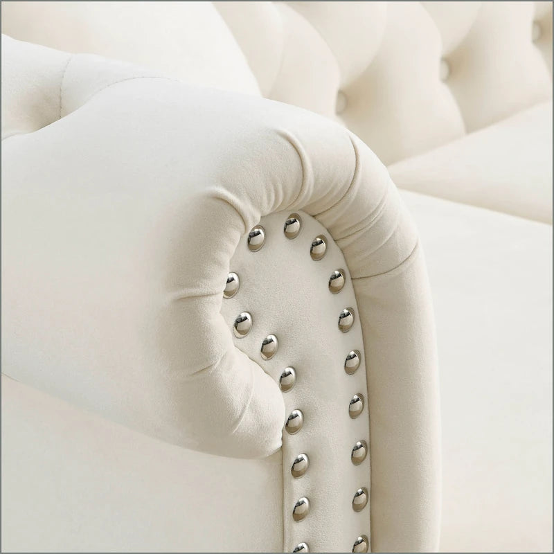 Beige Velvet Chesterfield 3 Seater Sofa with Rolled Arms, Nailhead Trim, 2 Pillows