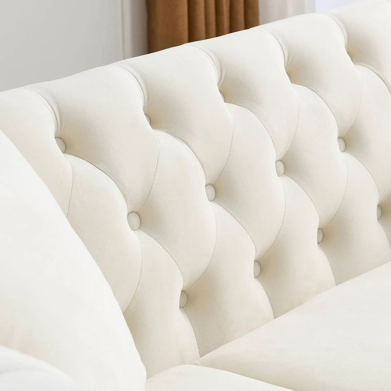 Beige Velvet Chesterfield 3 Seater Sofa with Rolled Arms, Nailhead Trim, 2 Pillows