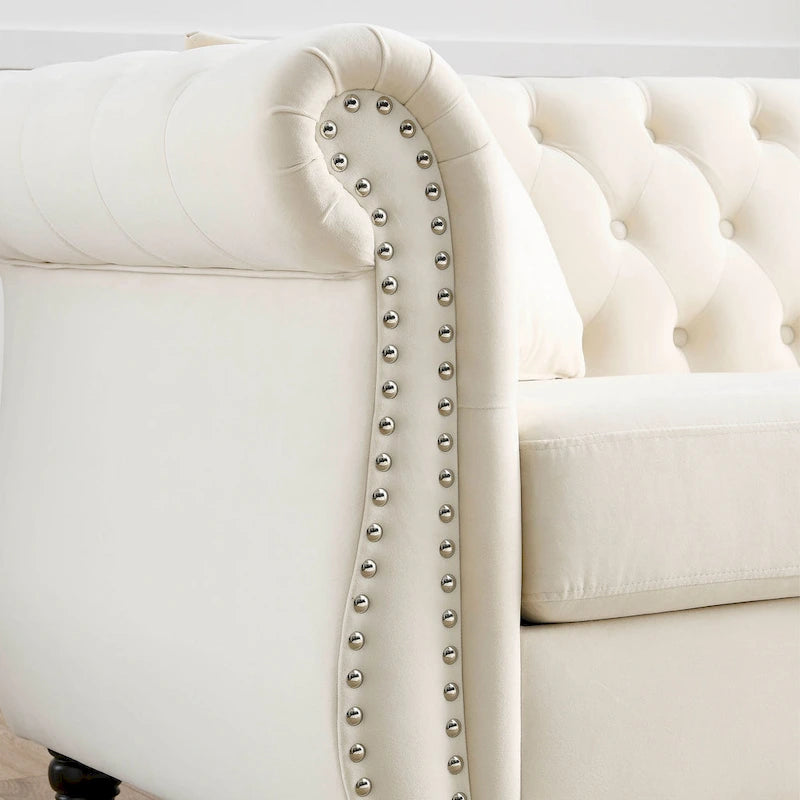 Beige Velvet Chesterfield 3 Seater Sofa with Rolled Arms, Nailhead Trim, 2 Pillows
