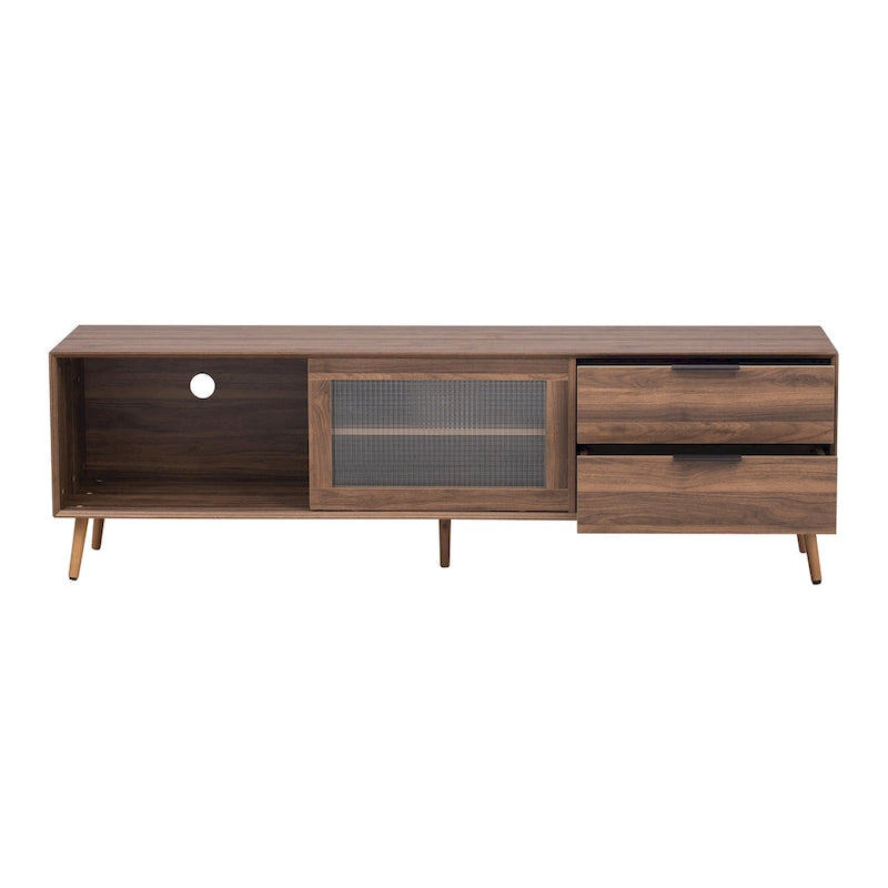Modern TV Stand for 75+ TV, TV Console with 2 Glass Doors, Entertainment Center with 2 Drawers & Storage Cabinet