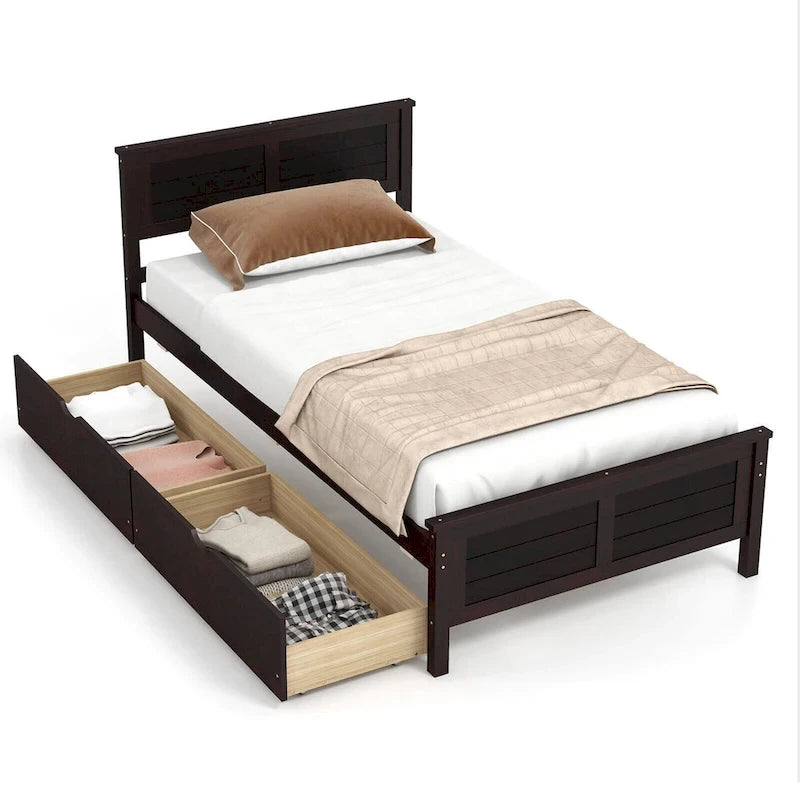 Twin Size Wooden Bed Frame with 2 Storage Drawers & Under-bed