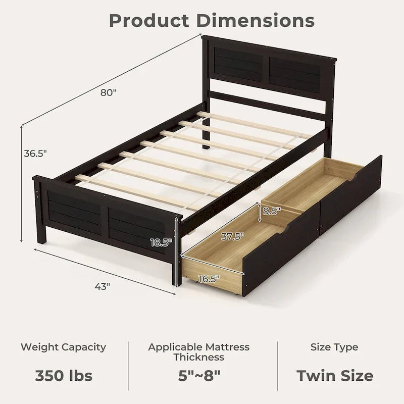 Twin Size Wooden Bed Frame with 2 Storage Drawers & Under-bed