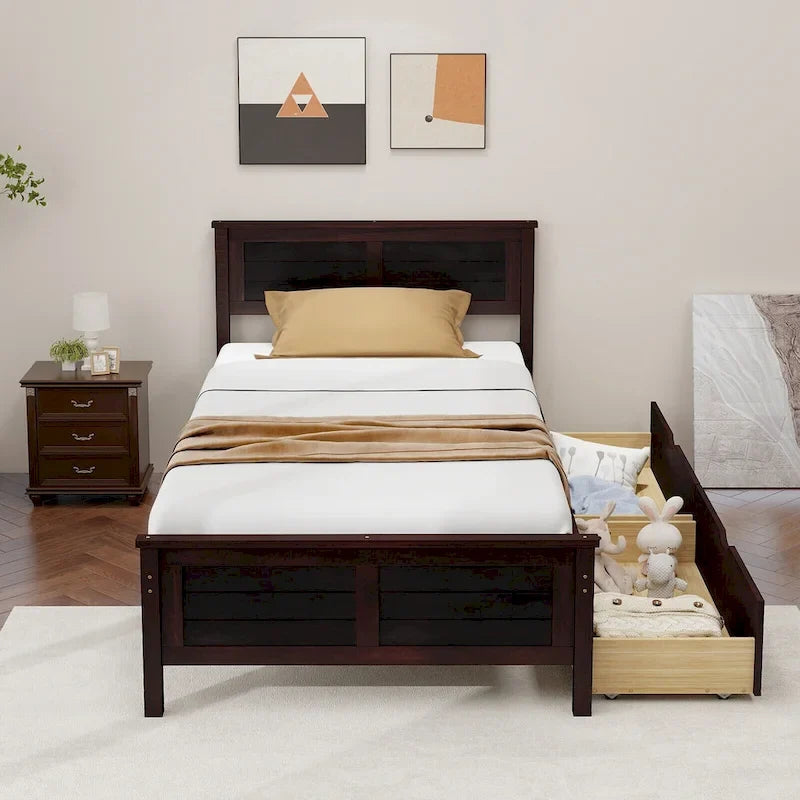 Twin Size Wooden Bed Frame with 2 Storage Drawers & Under-bed