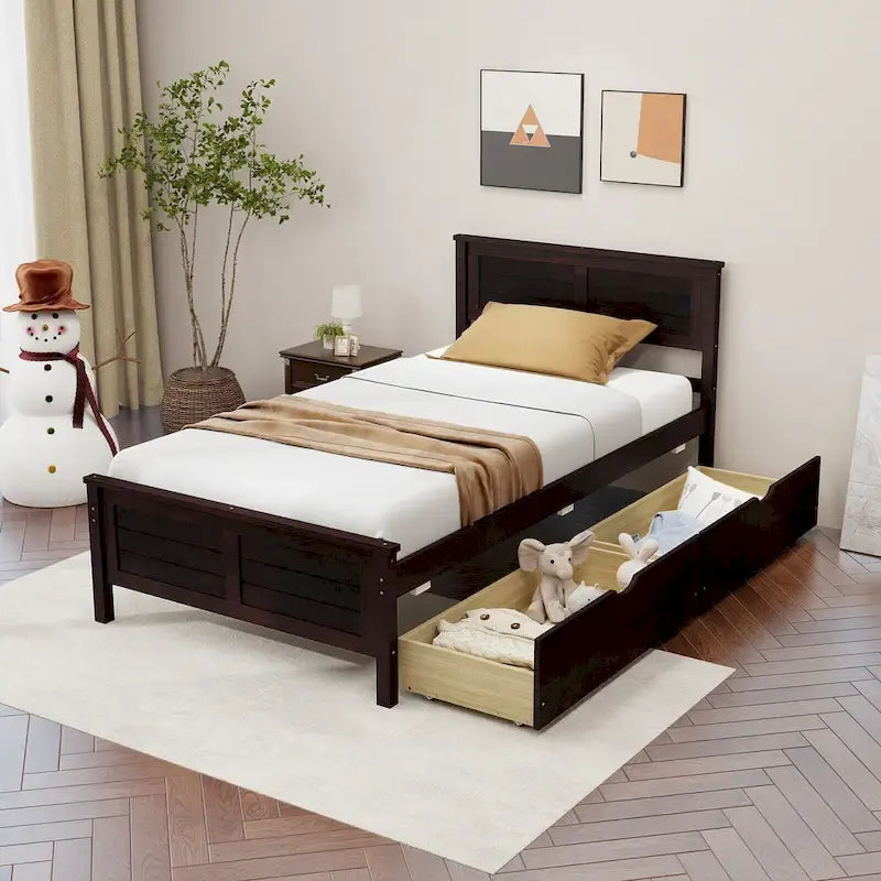 Twin Size Wooden Bed Frame with 2 Storage Drawers & Under-bed