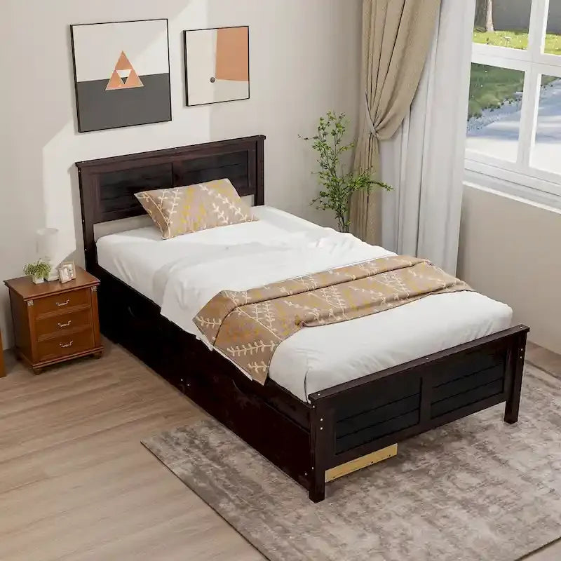 Twin Size Wooden Bed Frame with 2 Storage Drawers & Under-bed