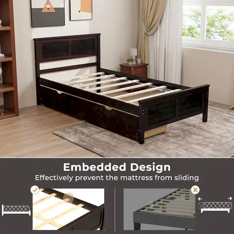 Twin Size Wooden Bed Frame with 2 Storage Drawers & Under-bed