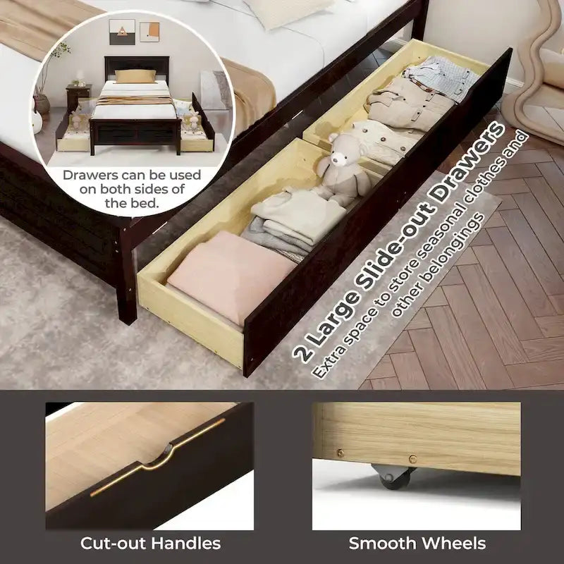 Twin Size Wooden Bed Frame with 2 Storage Drawers & Under-bed