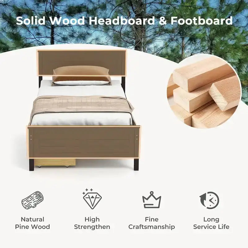 Twin Size Wooden Bed Frame with 2 Storage Drawers & Under-bed