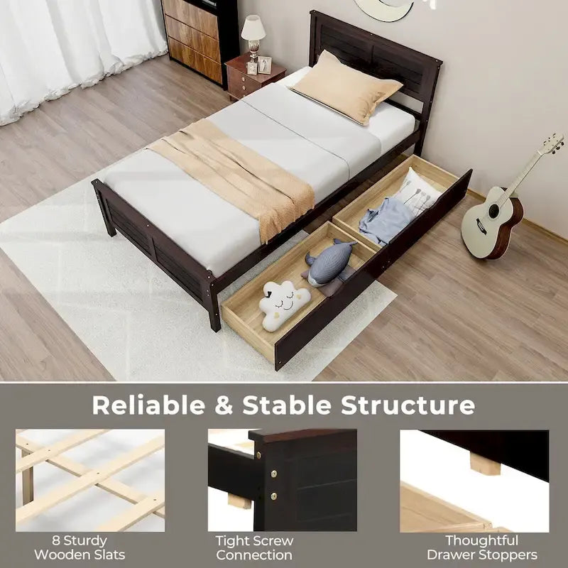 Twin Size Wooden Bed Frame with 2 Storage Drawers & Under-bed