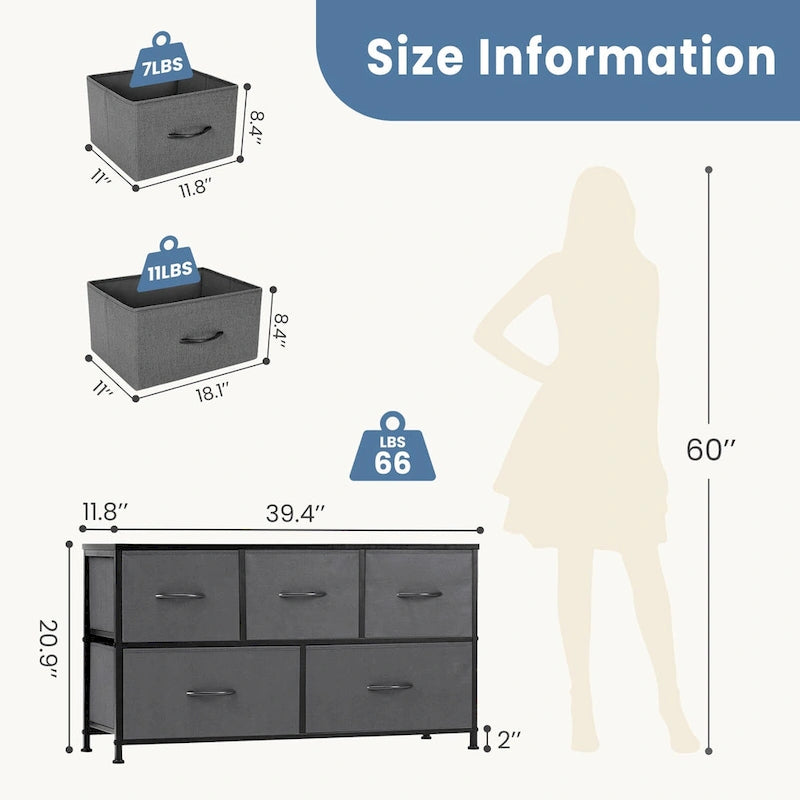 Tall Dresser Storage Tower with 5 Fabric Drawers