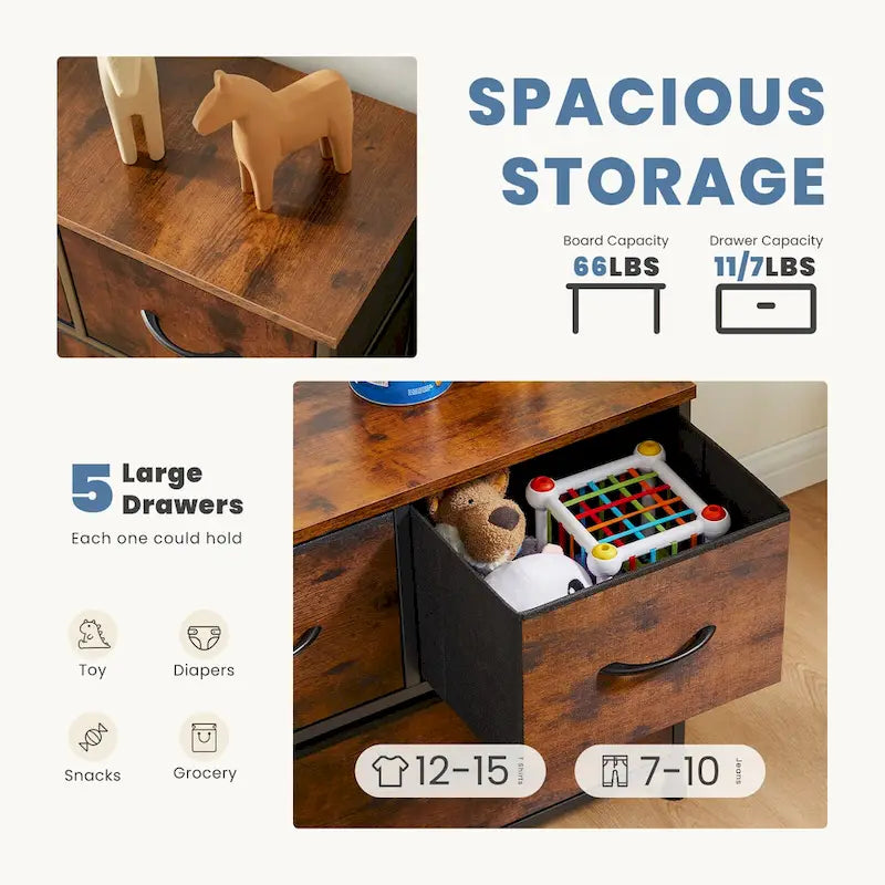 Tall Dresser Storage Tower with 5 Fabric Drawers