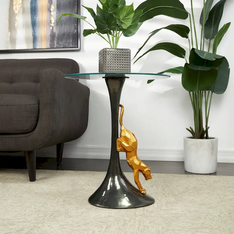 Aluminum Metal Leopard Accent Table with Gold Leopard Accent and Tempered Glass Top