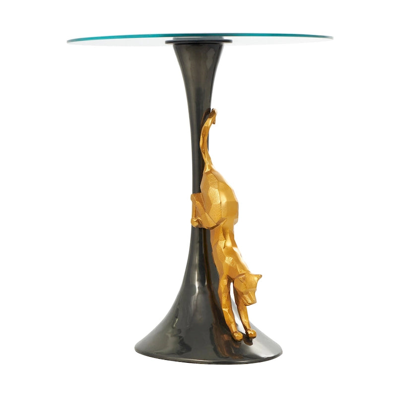 Aluminum Metal Leopard Accent Table with Gold Leopard Accent and Tempered Glass Top