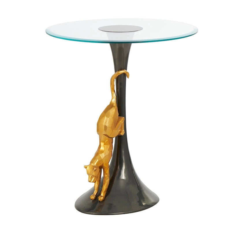 Aluminum Metal Leopard Accent Table with Gold Leopard Accent and Tempered Glass Top