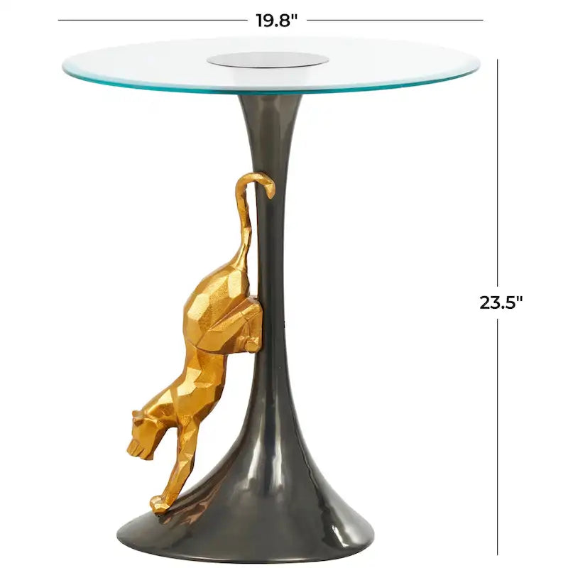 Aluminum Metal Leopard Accent Table with Gold Leopard Accent and Tempered Glass Top