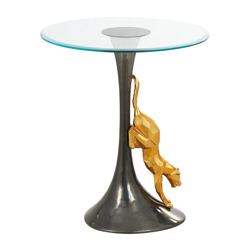 Aluminum Metal Leopard Accent Table with Gold Leopard Accent and Tempered Glass Top