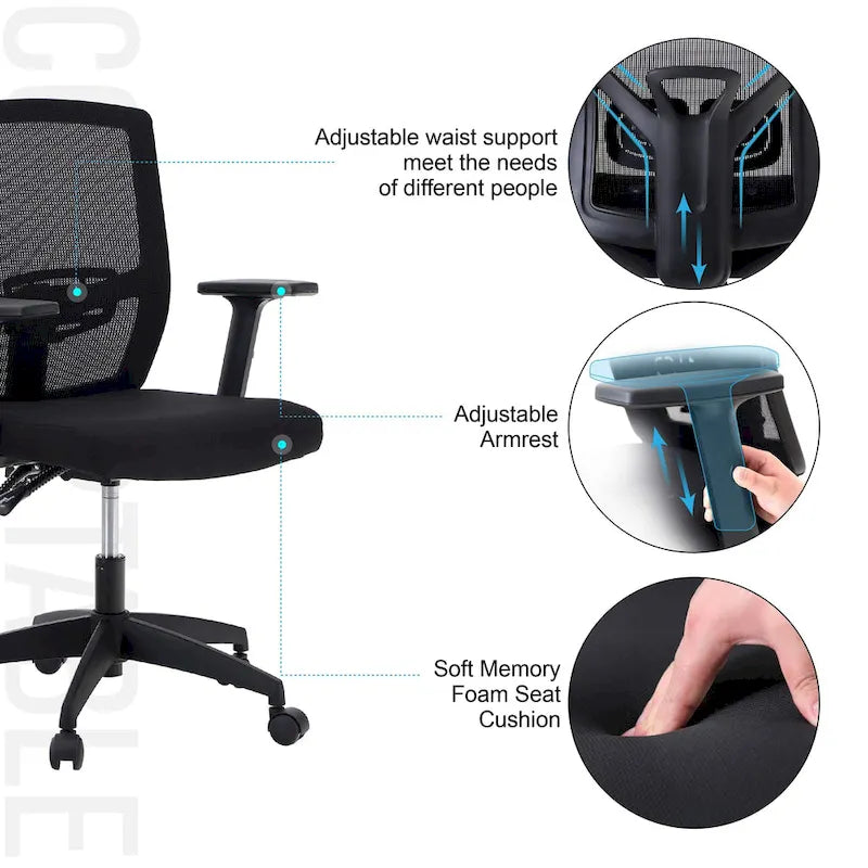 High Back Mesh Office Chair Adjustable Headrest, Armrest, Rolling Swivel Reclining Chair