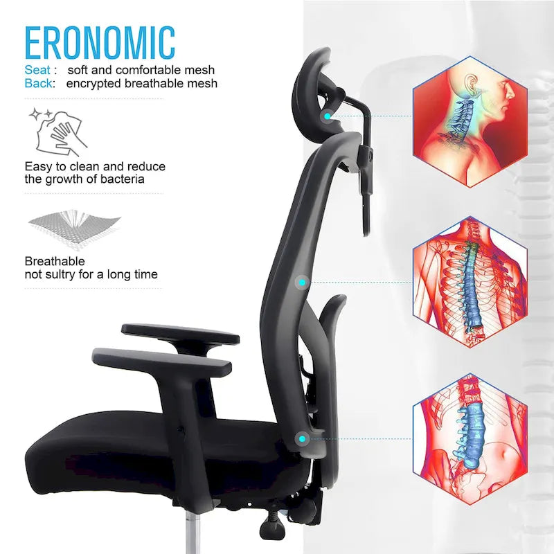 High Back Mesh Office Chair Adjustable Headrest, Armrest, Rolling Swivel Reclining Chair