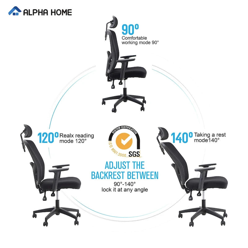 High Back Mesh Office Chair Adjustable Headrest, Armrest, Rolling Swivel Reclining Chair