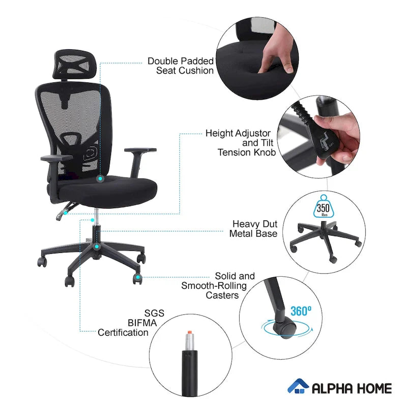 High Back Mesh Office Chair Adjustable Headrest, Armrest, Rolling Swivel Reclining Chair