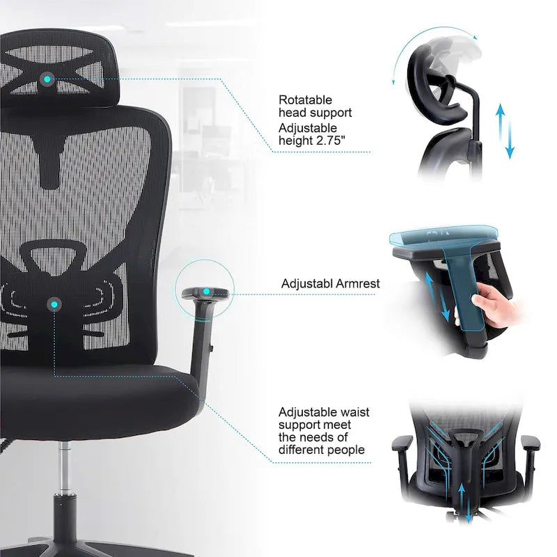 High Back Mesh Office Chair Adjustable Headrest, Armrest, Rolling Swivel Reclining Chair