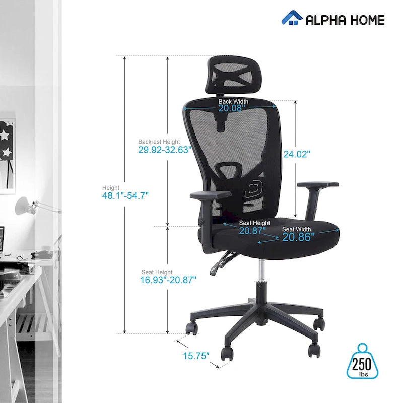 High Back Mesh Office Chair Adjustable Headrest, Armrest, Rolling Swivel Reclining Chair
