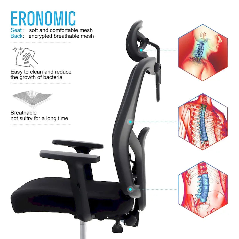 High Back Mesh Office Chair Adjustable Headrest, Armrest, Rolling Swivel Reclining Chair