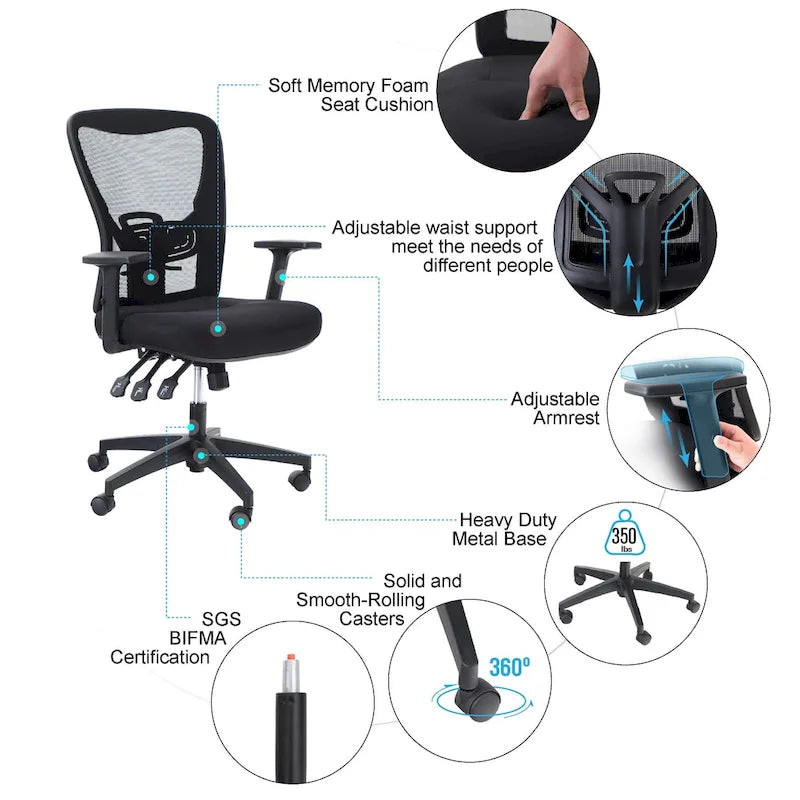 High Back Mesh Office Chair Adjustable Headrest, Armrest, Rolling Swivel Reclining Chair