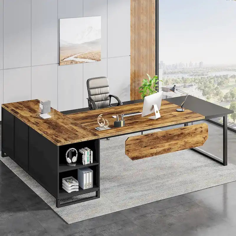 70.8 Executive Desk with 55 File Cabinet, Large L-Shaped Office Computer Desk with Storage Shelves and Cabinet