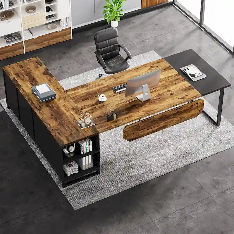 70.8 Executive Desk with 55 File Cabinet, Large L-Shaped Office Computer Desk with Storage Shelves and Cabinet