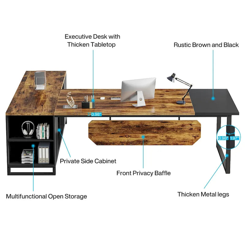 70.8 Executive Desk with 55 File Cabinet, Large L-Shaped Office Computer Desk with Storage Shelves and Cabinet