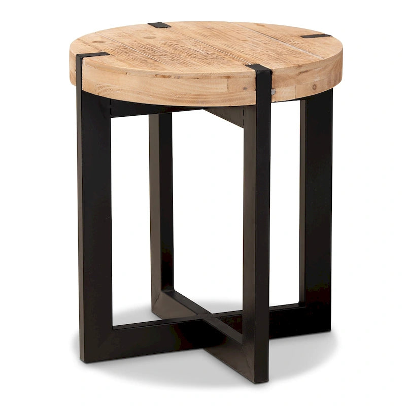 Natural Brown Finished Wood and Black Finished Metal End Table