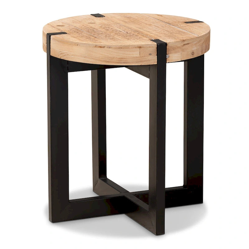 Natural Brown Finished Wood and Black Finished Metal End Table