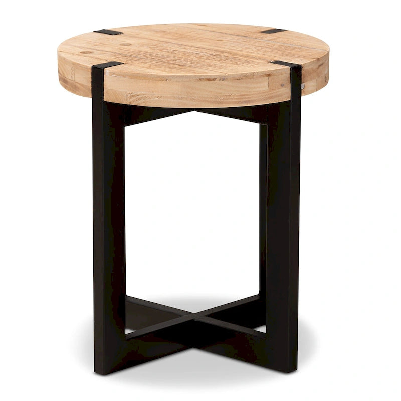 Natural Brown Finished Wood and Black Finished Metal End Table