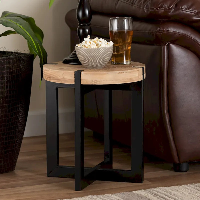 Natural Brown Finished Wood and Black Finished Metal End Table