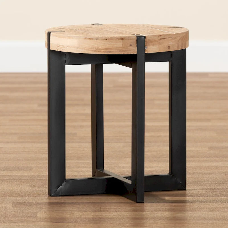 Natural Brown Finished Wood and Black Finished Metal End Table