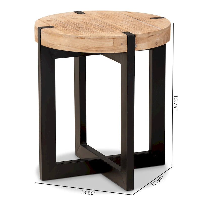 Natural Brown Finished Wood and Black Finished Metal End Table