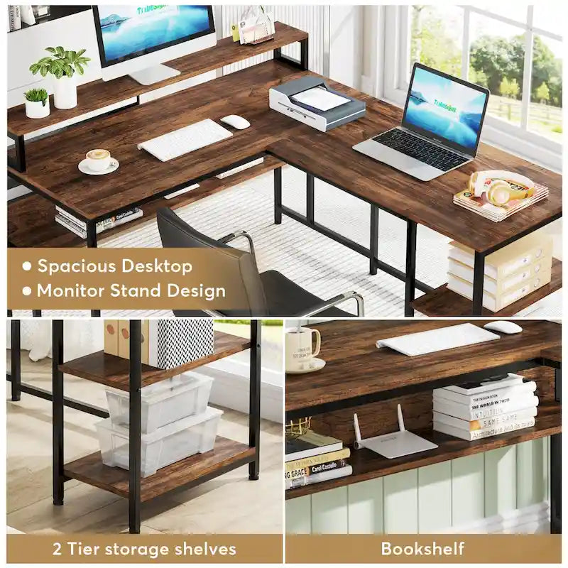59 Corner L Shaped Desk with Monitor Stand and Storage Shelf,Reversible Large Workstation Desk Furniture for Home Office