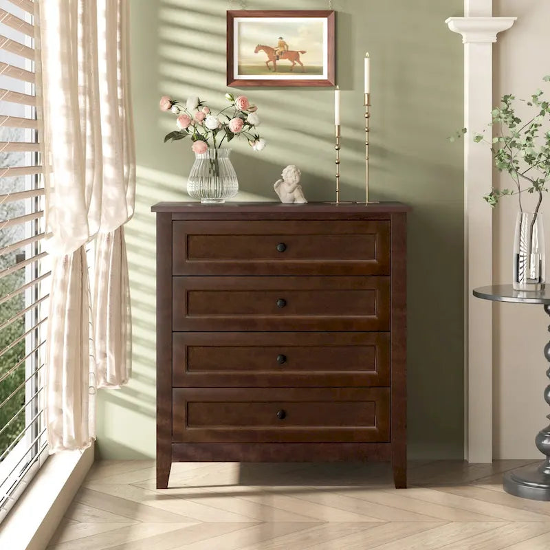 Solid Wood Spray-Painted Drawer Dresser Cabinet with Retro Round Handle, Auburn