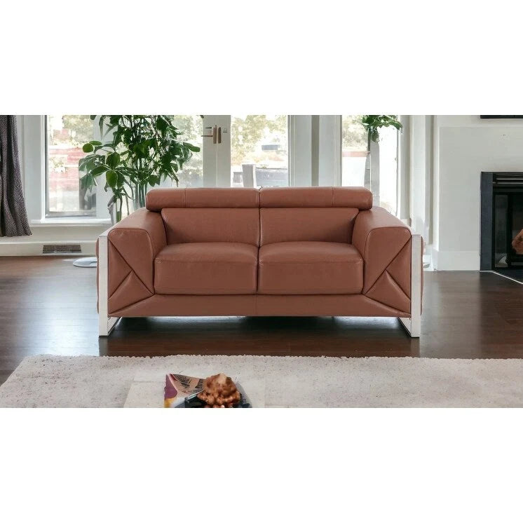 75 Camel And Silver Italian Leather Loveseat