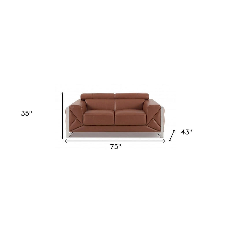 75 Camel And Silver Italian Leather Loveseat