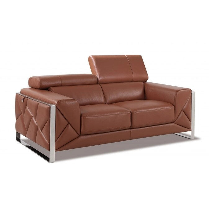 75 Camel And Silver Italian Leather Loveseat