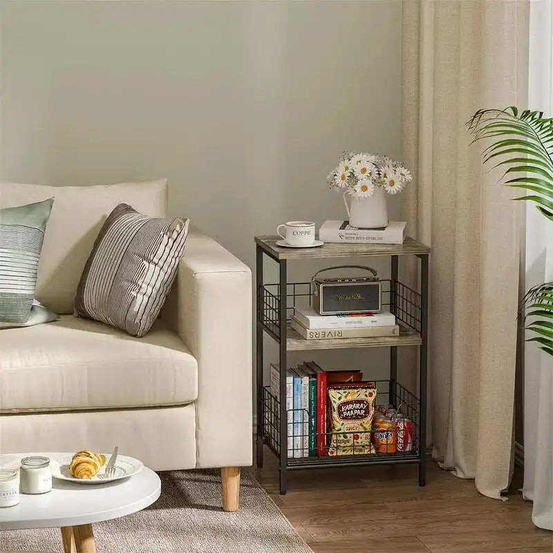 Industrial Retro Side Table Nightstand Storage Shelf - 11.8D x 15.7W x 25H