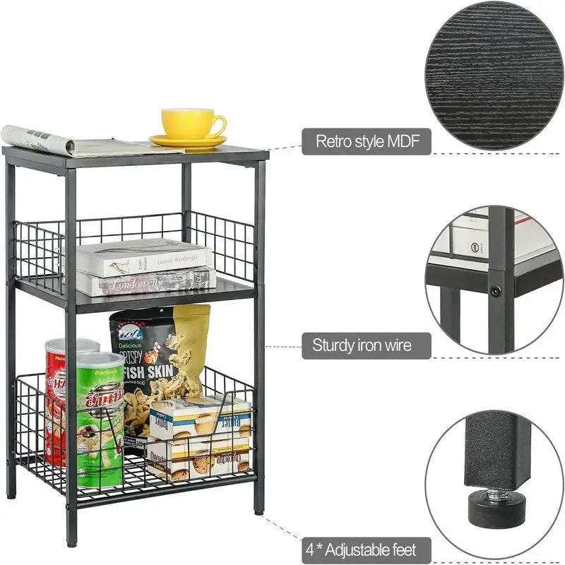 Industrial Retro Side Table Nightstand Storage Shelf - 11.8D x 15.7W x 25H