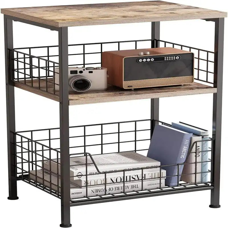 Industrial Retro Side Table Nightstand Storage Shelf - 11.8D x 15.7W x 25H