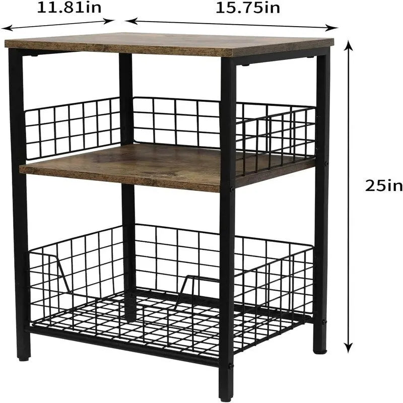 Industrial Retro Side Table Nightstand Storage Shelf - 11.8D x 15.7W x 25H